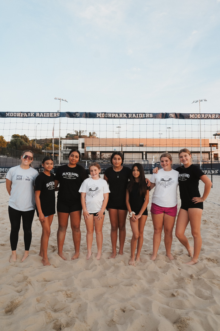 Beach volleyball team lined up at the net for a group photo
