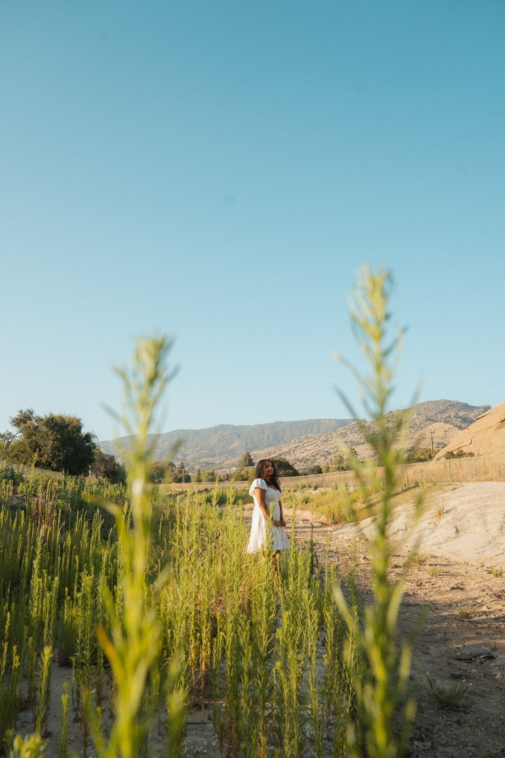 White dress in a wild meadow framed by tall green stems and mountains