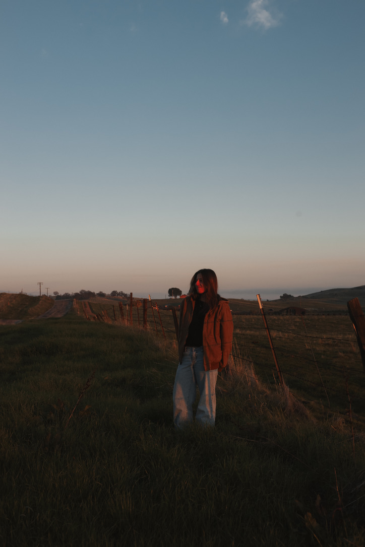 Woman standing by a fence line at dusk on a country road